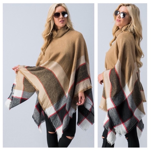 ✨SALE!✨5⭐️NEW TAN CAMEL PLAID PONCHO WRAP CAPE TOP - Picture 2 of 8